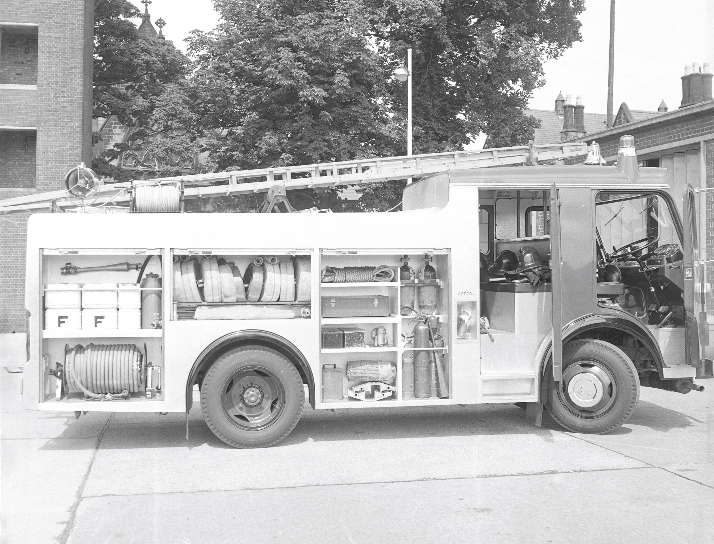 New Dennis fire engine at Wrexham Fire Station, 1969.