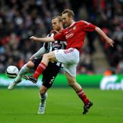 Grimsby Town's Sam Hatton and Wrexham's Brett Ormerod (right) during the FA Carlsberg Trophy Final at Wembley Stadium, London. PRESS ASSOCIATION Photo. Picture date: Sunday March 24, 2013. See PA story SOCCER Trophy. Photo credit should read: