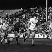 David Moyes of Shrewsbury Town shoots for goal watched by Mickey Thomas and Alan Irvine

Football League Division Two - Shrewsbury Town 3-0 Leicester City

19 10 1988 - Picture Matthew Ashton
