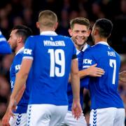 Everton's James Tarkowski celebrates with team-mates after scoring their side's first goal of the game during the Carabao Cup fourth round match at Goodison Park, Liverpool. Picture date: Wednesday November 1, 2023. PA Photo. See PA story SOCCER