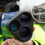 A police officer with a speed gun and, inset, Mold Law Courts
