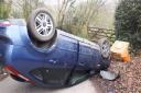 Morlas Lane blocked by qan overturned car. Picture - Oswestry SNT 