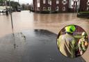 Main image of flooding on Wrexham Road, Mold on Friday / Inset of a firefighter.