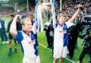 Blackburn's Chris Sutton and Alan  Shearer with Premier League trophy in 1995.