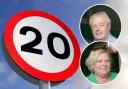 A 20mph speed limit sign and, inset, Cllrs Mike Peers and Carol Ellis
