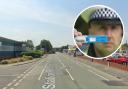 Station Road (Google) and, inset, a police officer with a drugs test