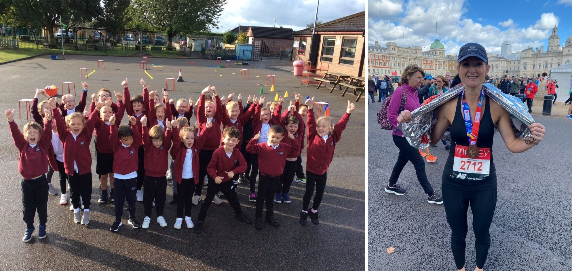 Emma Roberts, Foundation Phase lead at Wats Dyke CP School, and pupils during some of their mini marathon events.