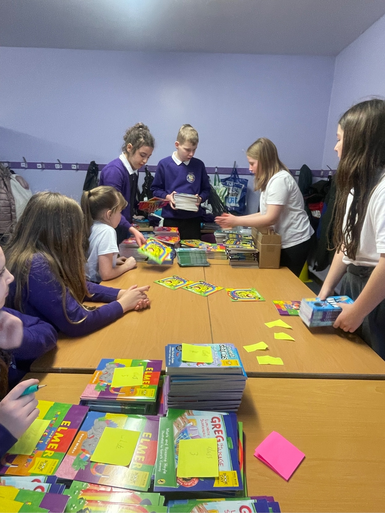 Broughton Primary School Reading Champions sorting through the donated books.