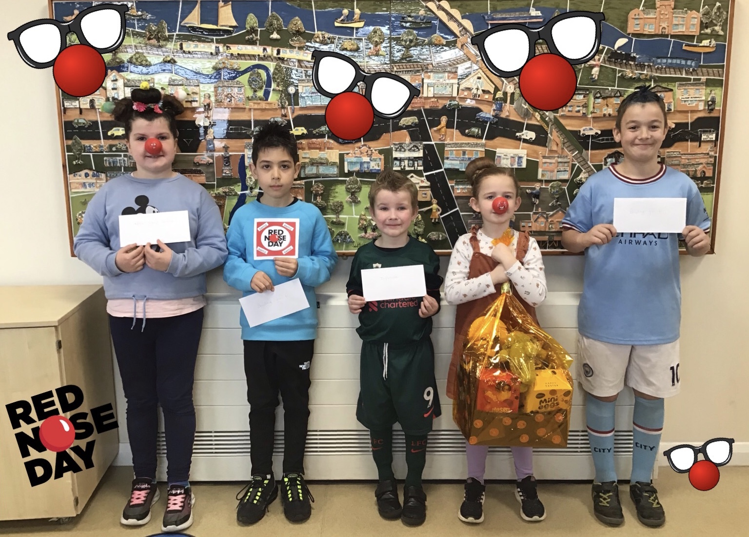 Ysgol Ty Ffynnon Red Nose raffle winners - Daisy, Niclaus, Michael, Alecia and Ervin.