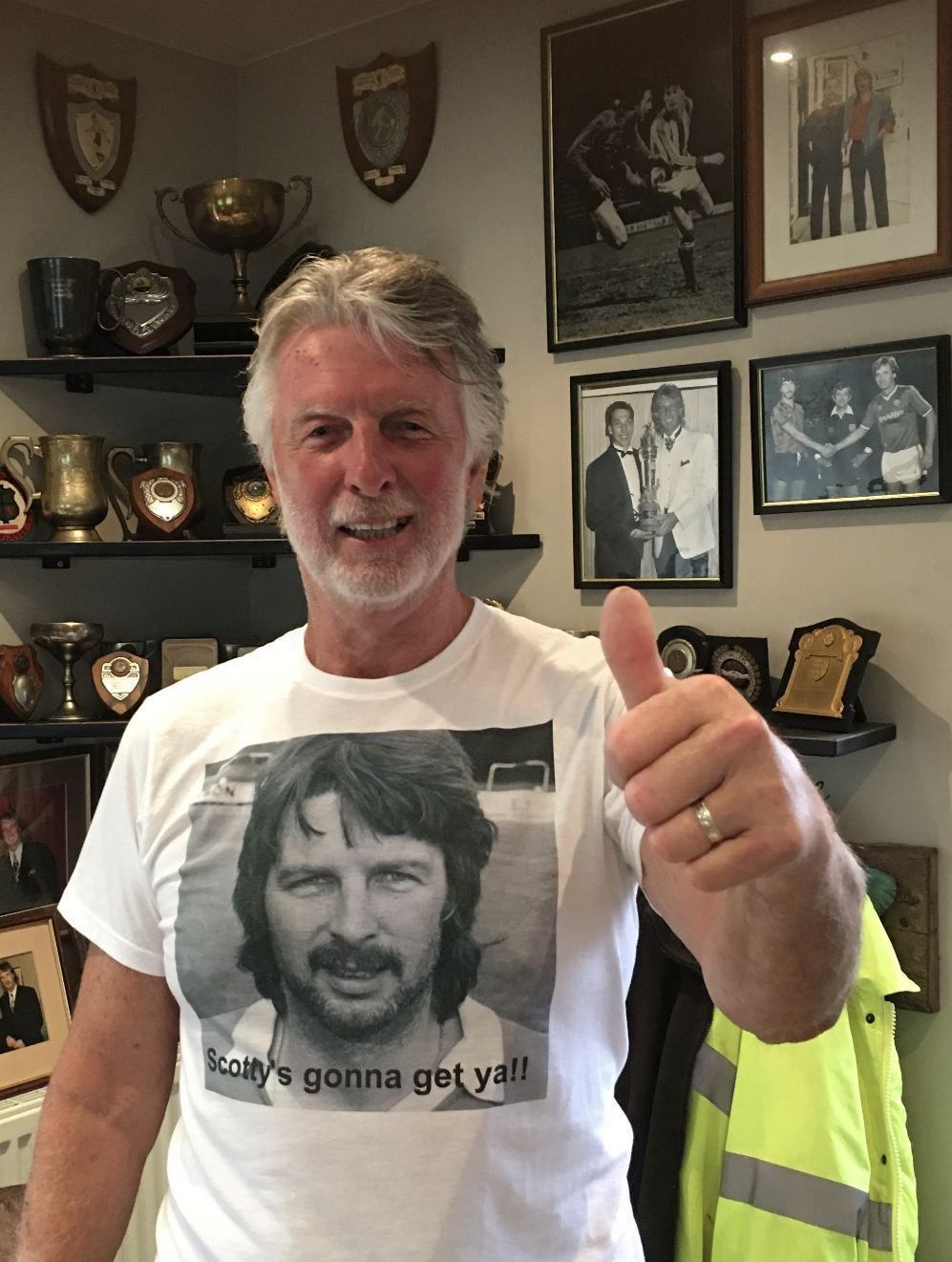Bob Scott wearing the Scottys gonna get ya!! t-shirt.