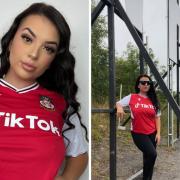Model Alaw Haf in the new Wrexham AFC home shirt.
