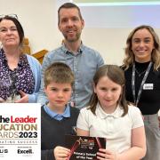 Deputy Headteacher Jacqueline O'Toole, Headteacher Joel Moore and Catrin Harris from Excell and Jacob Doore and Olivia Beattie.