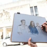 Court artist Elizabeth Cook drawing outside Manchester Crown Court awaiting verdicts in the case of nurse Lucy Letby.
