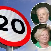 A 20mph speed limit sign and, inset, Cllrs Mike Peers and Carol Ellis