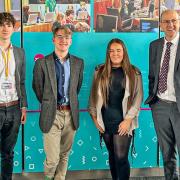 Llyr Gruffydd MS (right) with Members of the Welsh Youth Parliament Leola Roberts-Biggs, Jake Dillon and Owain Williams.