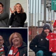 Top left: Rob McElhenney and Kaitlin Olson / Bottom left and right: Wrexham AFC fans.