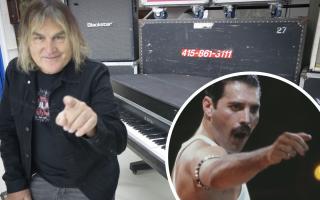 Undated handout photo issued by Gardiner Houlgate auctioneers of Mike Peters of The Alarm with a Kawai EP 308 baby grand electric piano, the band bought from British rock band Queen. Inset: Freddie Mercury of Queen. Images: PA