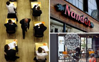 (Left clockwise) Students sitting an exam, Nando's and Pizza Express. Credit: PA