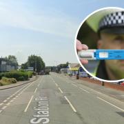 Station Road (Google) and, inset, a police officer with a drugs test
