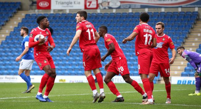 Wrexham's Bobby Grant celebrates making it 1-1 during the FA Cup 4th Qualifying Round at the Proact Stadium on Saturday 19th October 2019..