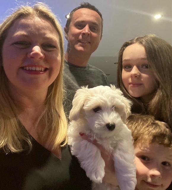 Emma Jones with husband, Johnny, children Megan and Harry, and Bella the dog.