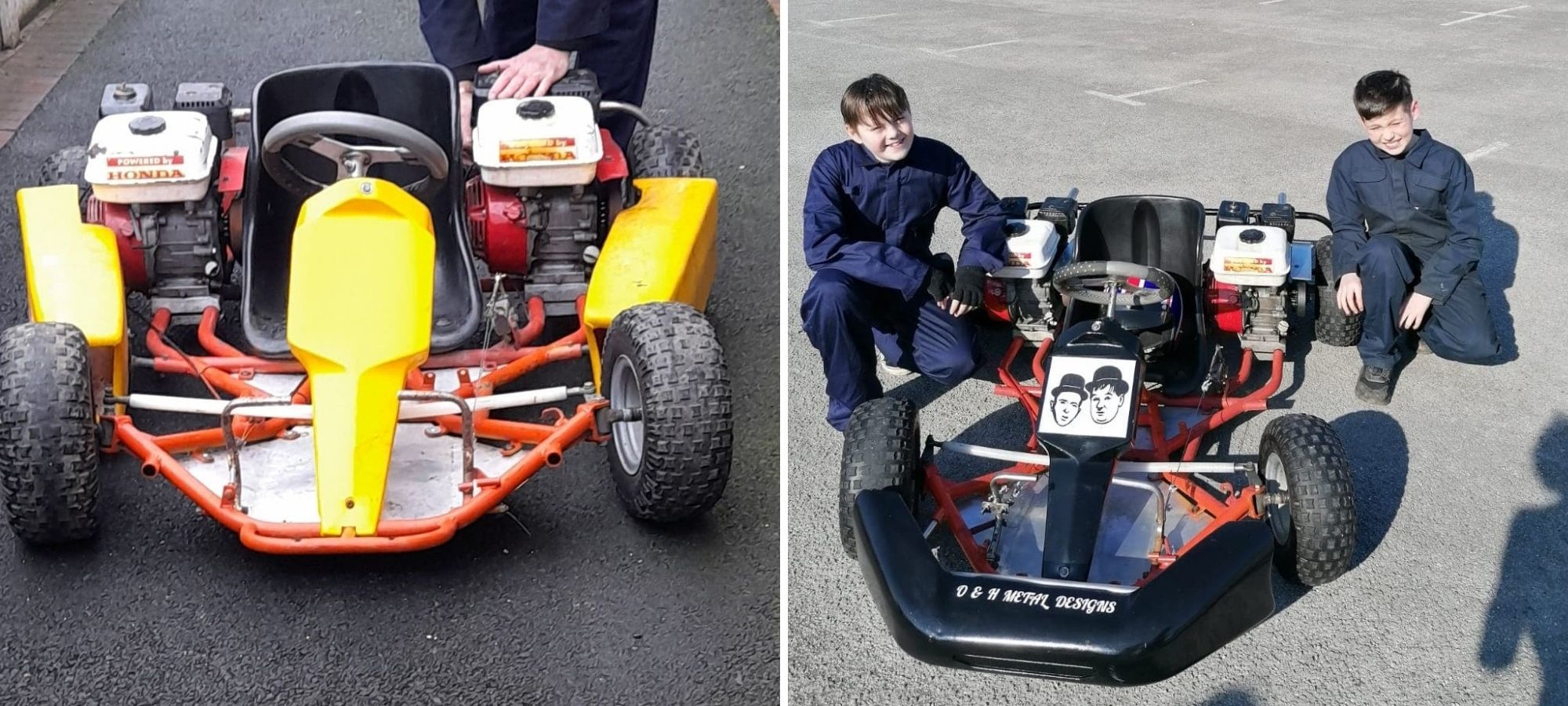 Before and after photos show the transformation of the go-kart courtesy of Ollie and Harvey. 