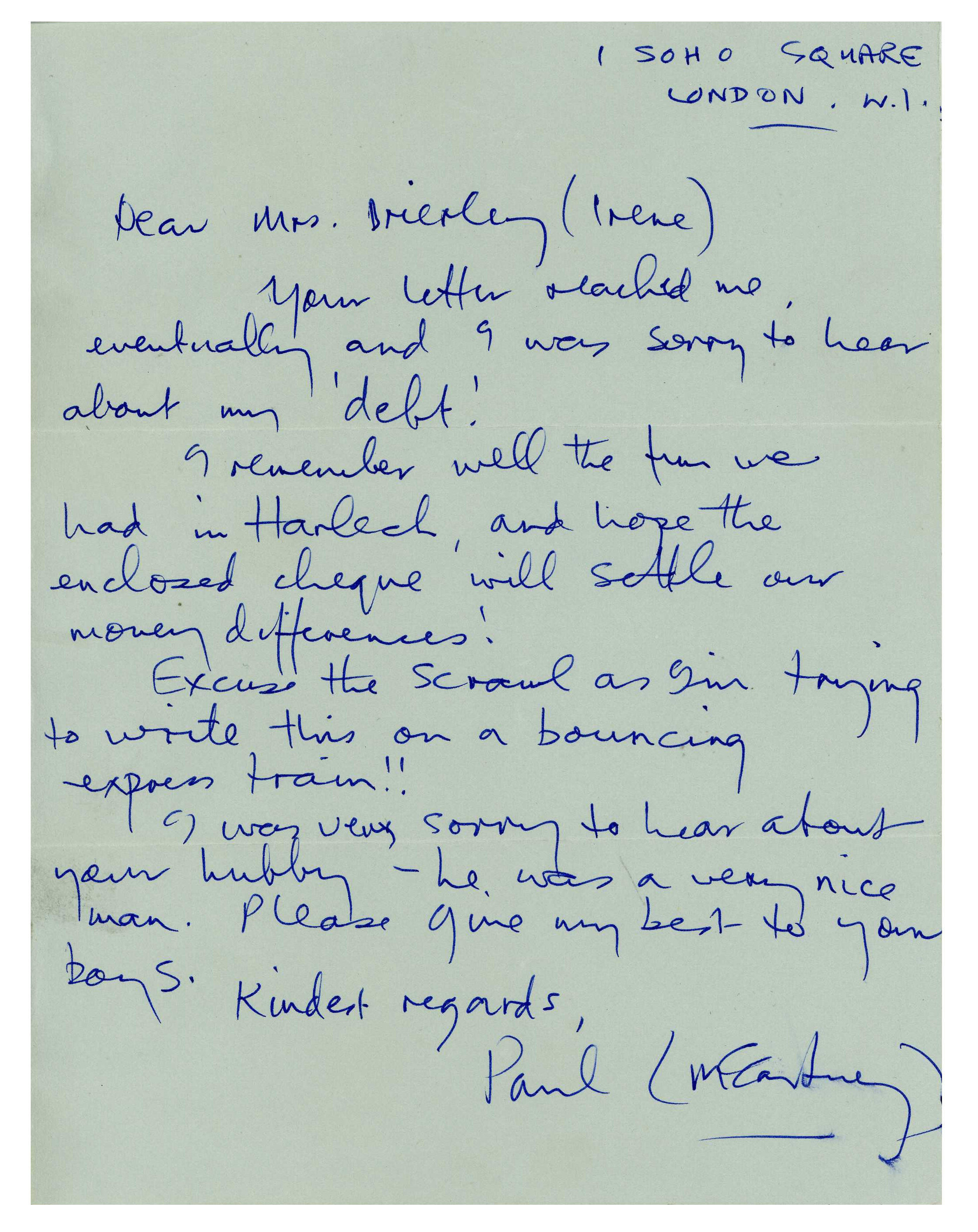 Embargoed to 0001 Monday March 29 Undated handout photo issued by Tracks Ltd of a letter from Paul McCartney to Irene Brierley in which he settled a long-standing debt from before he achieved worldwide fame, which is set to be auctioned. Issue date: