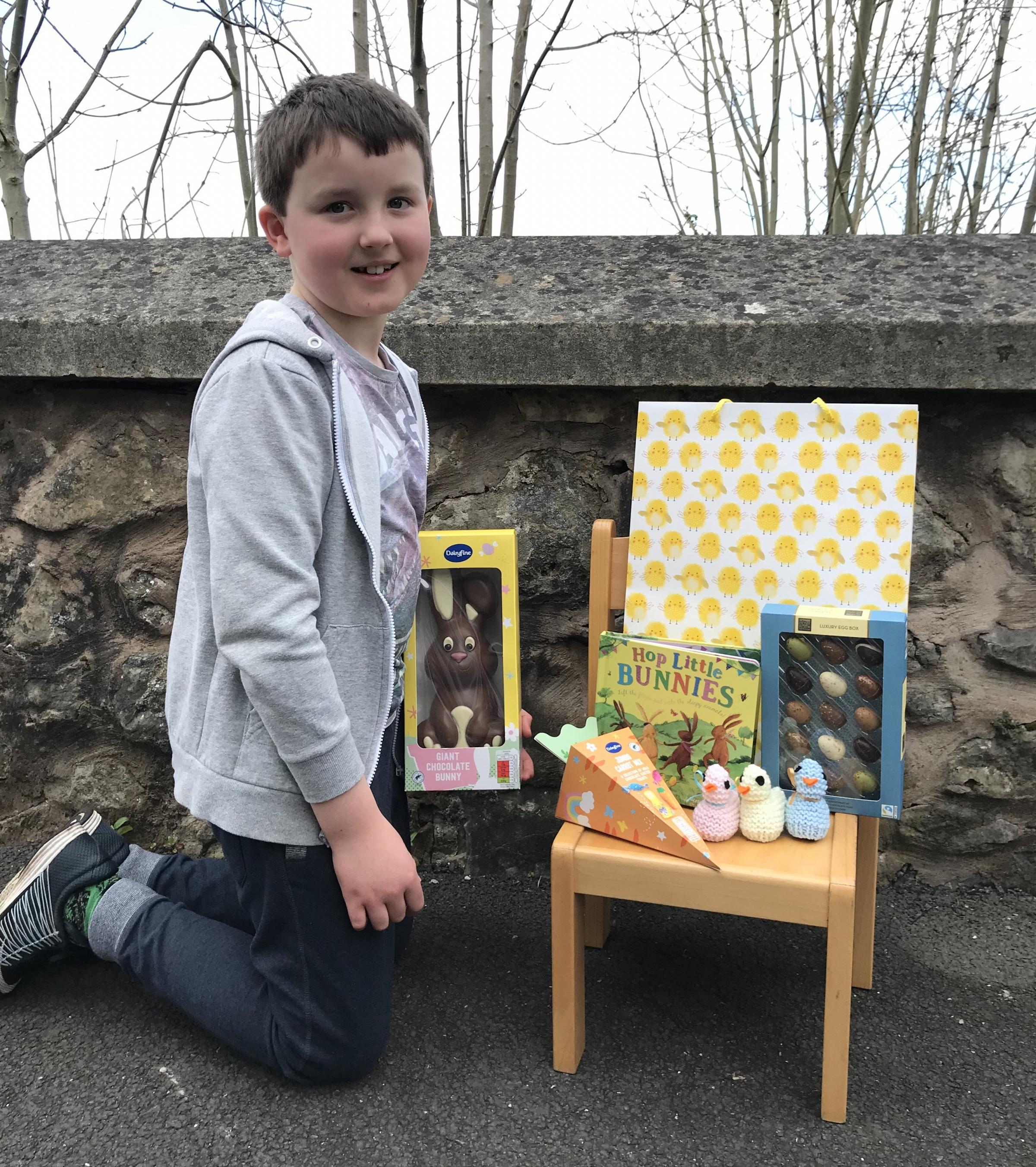 Charlie Thomson from Ysgol Froncysyllte with his Easter Hamper prize.