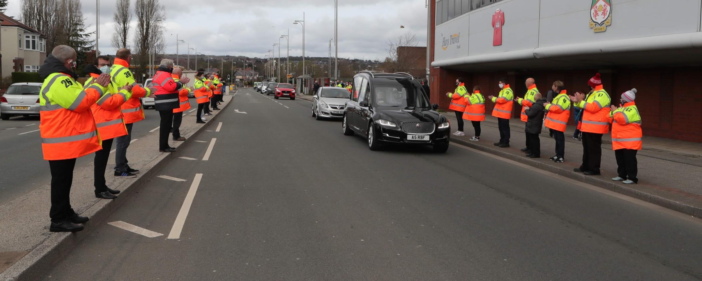 Staff at Wrexham AFC and members of the public turn out to pay respects to Alun Salisbury on the day of his funeral, Thursday (April 8). Images: Alun Roberts