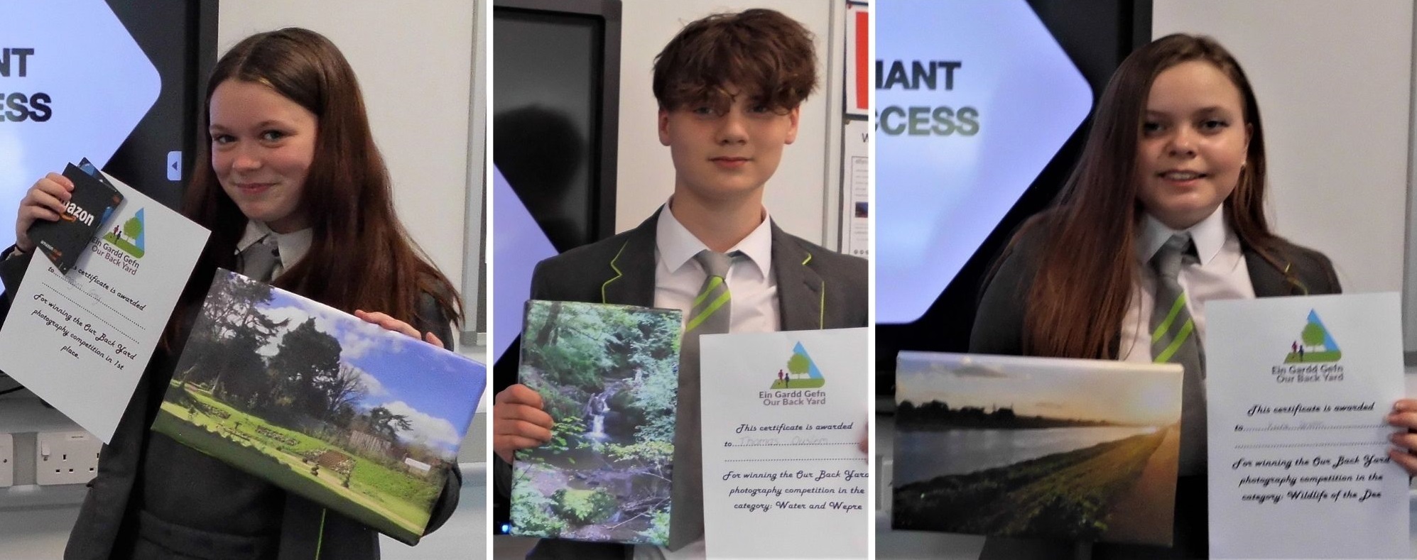 Connah’s Quay High School photography competition winners, Imogen Grey, Thomas Ouslem and Keira Sproston.