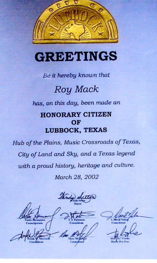 Honorary citizenship of Lubbock for Roy McMahon.