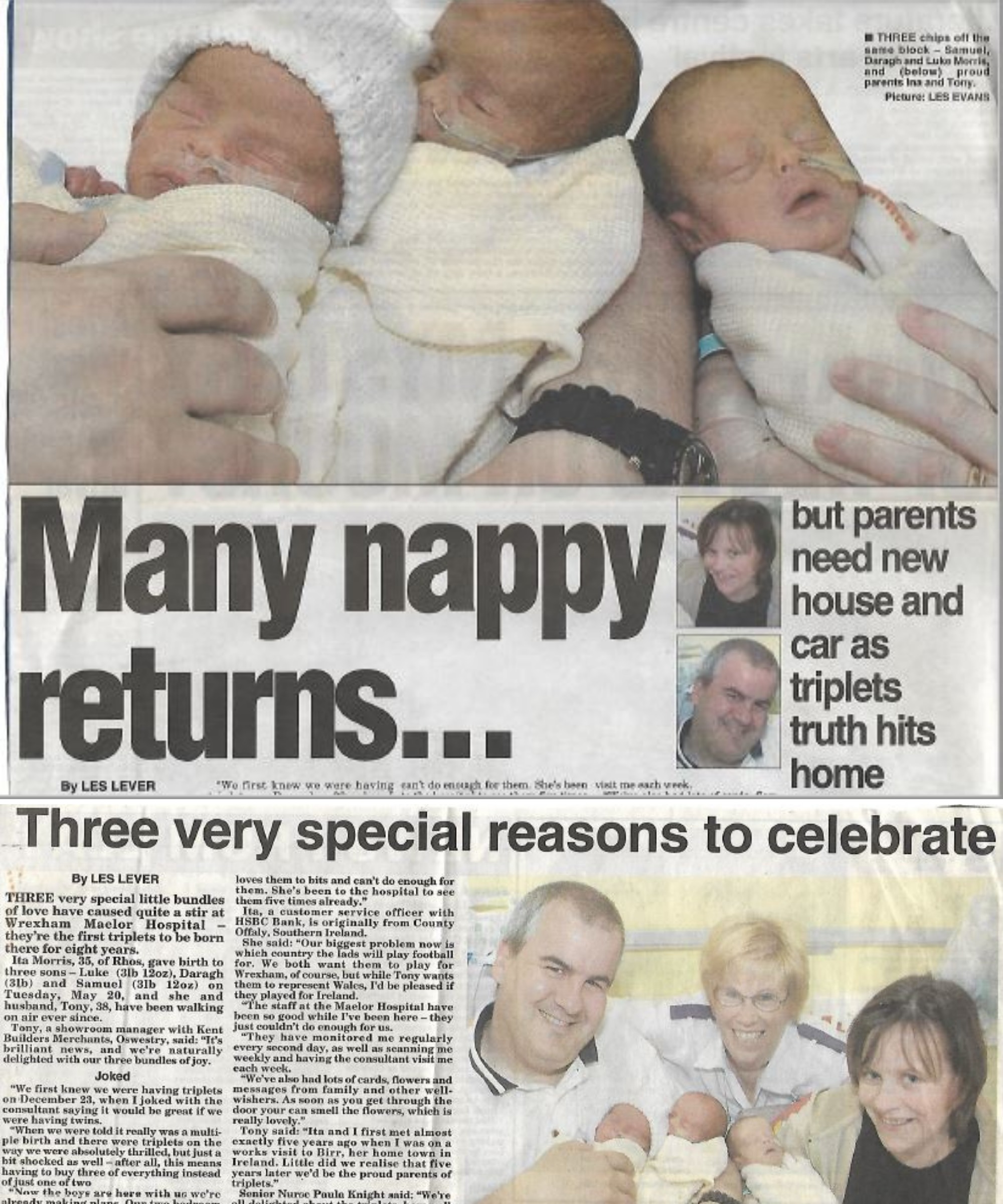 How the Leader reported the birth of triplets Daragh, Sam and Luke Morris at the Maelor.