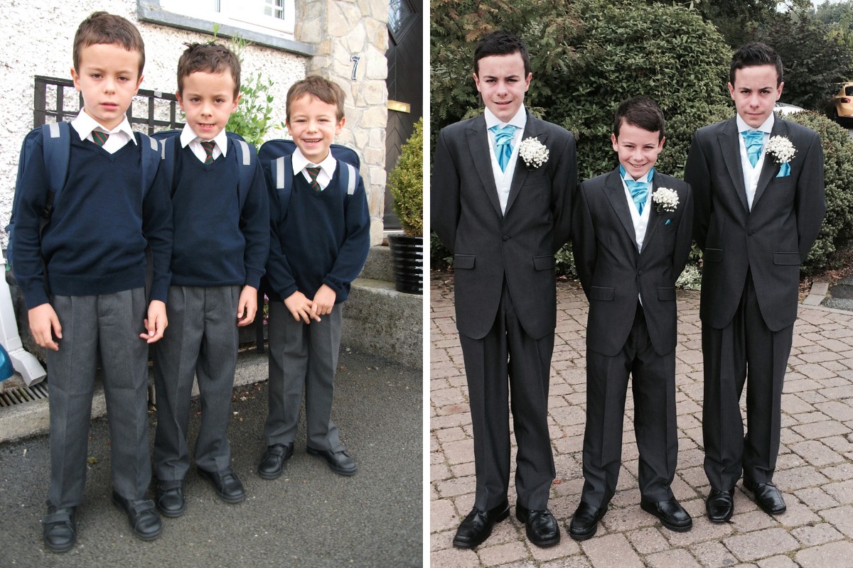 Havent they grown: Sam, Daragh and Lukes first day at school and in 2015 at sister Charlottes wedding.