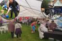 The marquee at Wrexham Feast, with, inset North Wales Police and a fire juggling unicyclist