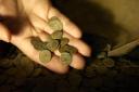 Part of a Roman coin hoard found in Snodland in north Kent is looked at closely by a British Museum worker; the coin hoard, discovered by a digger driver, is made up of over 3,600 coins and is part of the British Museum's annual report of treasure