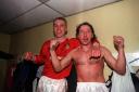 Steve Watkin and Mickey Thomas celebrate after Wrexham's win over Arsenal 31 years ago today