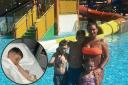 Main image of Thea Williams, and children Kion, Aaliyah and Rylan on holiday in Bulgaria / Inset of Kion in hospital after the accident.