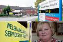 Wrexham Maelor Hospital, an ambulance and Cllr Carol Ellis