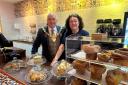 Wrexham mayor, cllr Andy Williams, with Cwtch Pottery Cafe owner, Jules Vaughan.