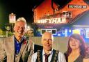 Darren Nixon, Former Mayor Ronnie Prince and Beverley Davies in front of They Greyhound Inn.