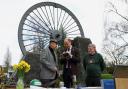 The Prince of Wales meets Alan Jones (left)chairman of Gresford disaster memorial and George Powell, lead volunteer at the Wrexham Miners Project during a visit to Gresford Colliery Disaster Memorial.