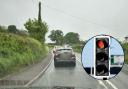 Queueing traffic on the A525 towards the A483 this week / Inset of traffic lights.