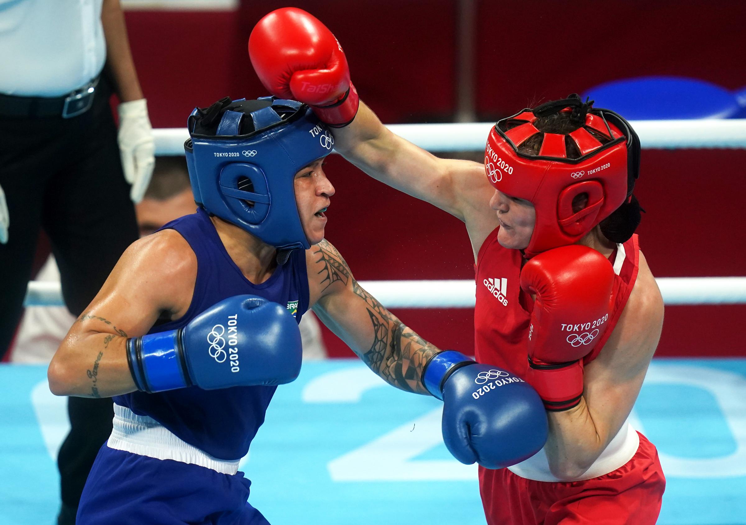 Brazils Beatriz Ferreira (left) and Irelands Kellie Anne Harrington in action during the Womens Light (57-60kg) Final Bout at the Kokugikan Arena on the sixteenth day of the Tokyo 2020 Olympic Games in Japan. Picture date: Sunday August 8, 2021.
