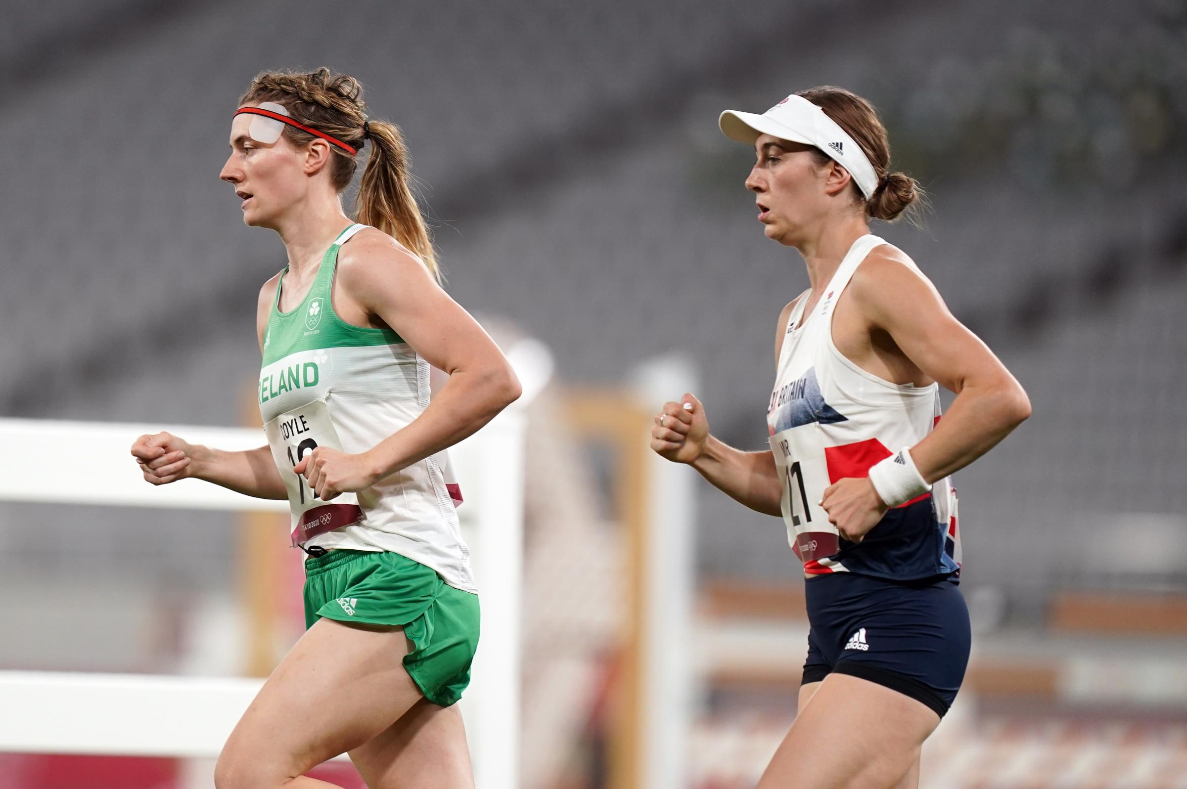 Great Britains Joanna Muir (right) and Irelands Natalya Coyle during the Modern Pentathlon, Womens Individual - Laser Run at Tokyo Stadium on the fourteenth day of the Tokyo 2020 Olympic Games in Japan. Picture date: Friday August 6, 2021.