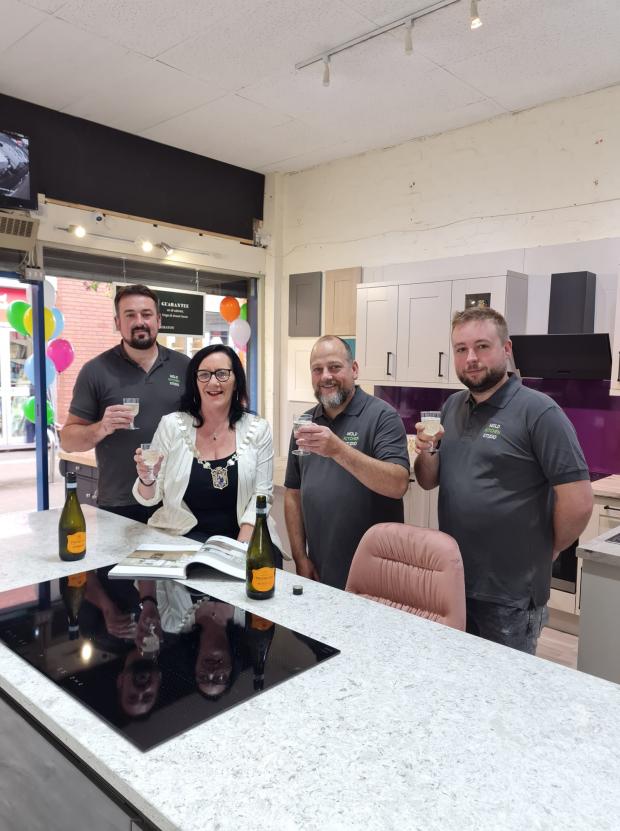 The Chef: The Mayor of Mold, Councilor Sarah Taylor, and Robert Hamlett, Dave Evans and Tom Parratt of Mold Kitchen Studio celebrate its opening.