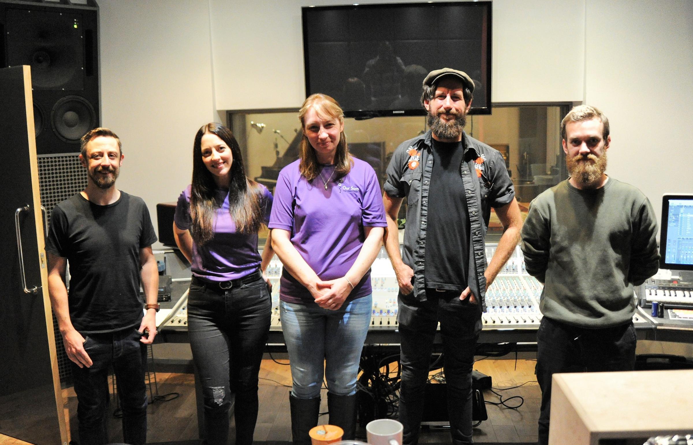 Production team, from left: Music producer Chris Hollis, vocalist Angela Inkson, Philippa Davies, video producer Paul Smith and studio guitarist Ben Thomas.