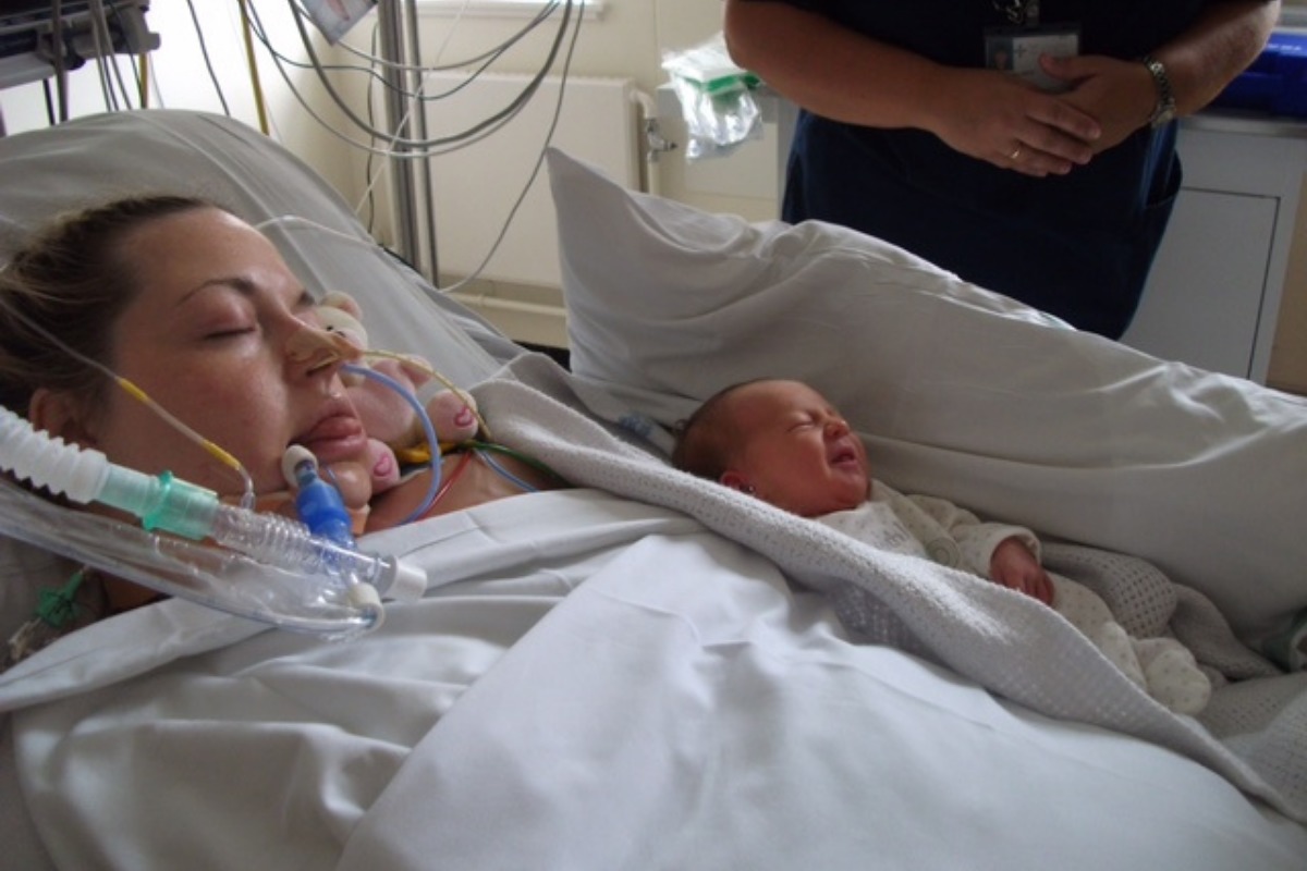 Rachel Harry with newborn Freya.