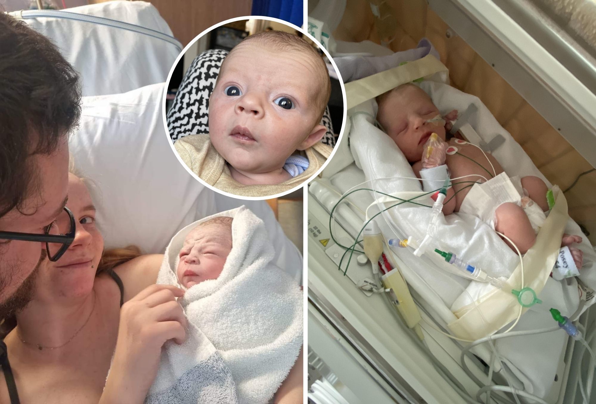 Luke Kenneth George Masterson with mum and dad, being monitored at Alder Hey, and inset, home aged five weeks and four days.