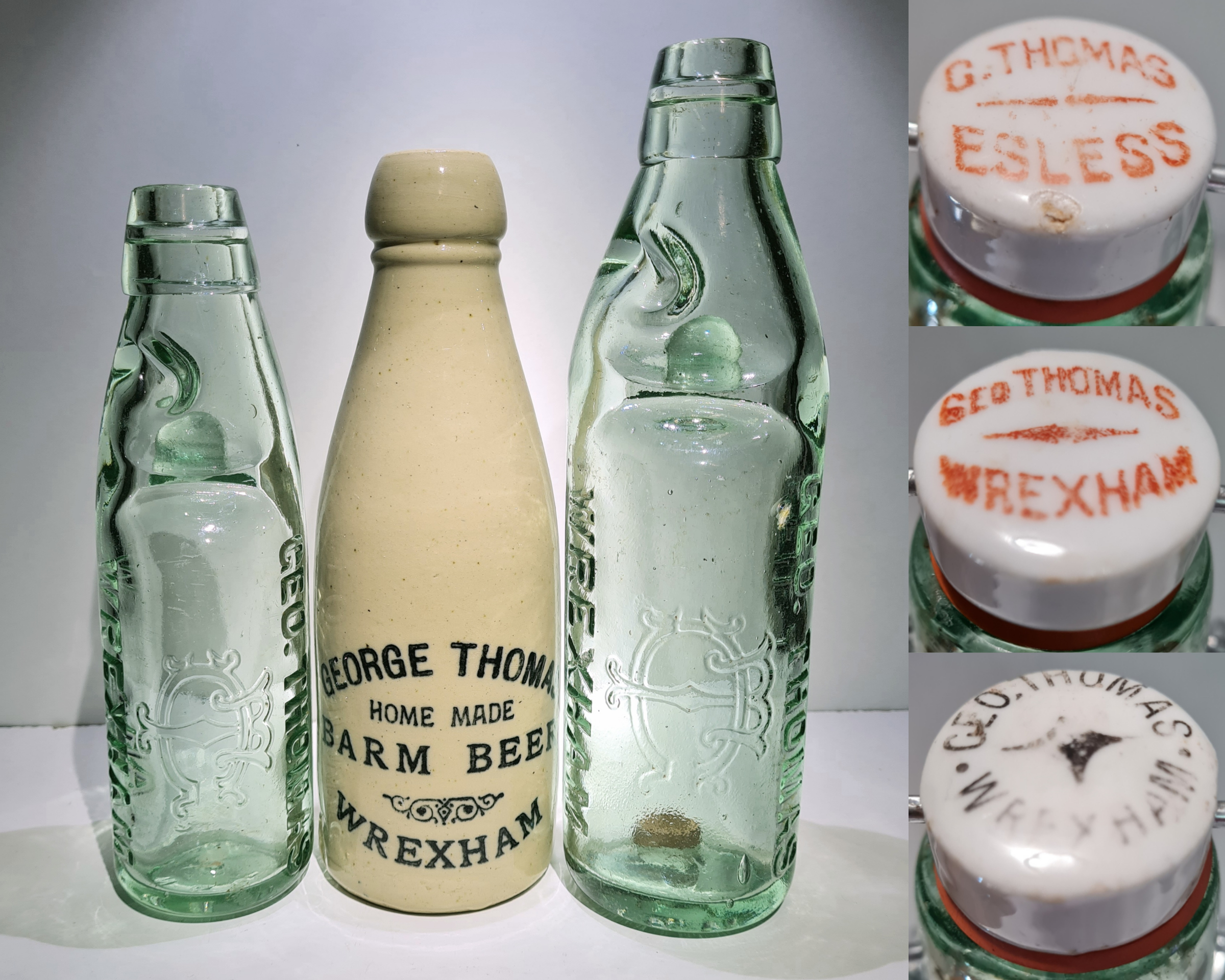 Picture of each type of bottle that Adam Mercer recovered at the George Thomas Mineral Works dump, including three of the different ceramic tops found.