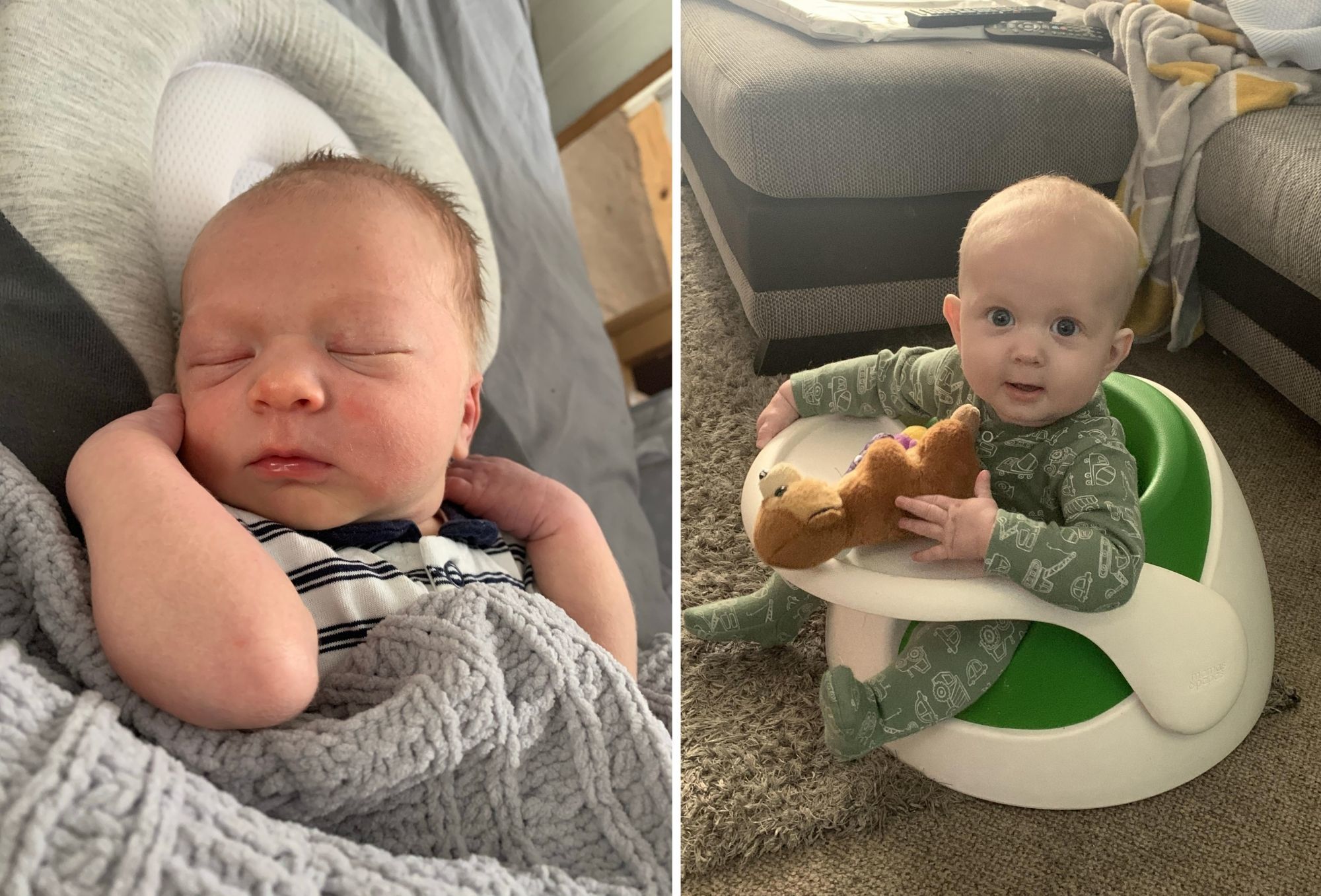 Freddie John Pugh at one day old, and six months.